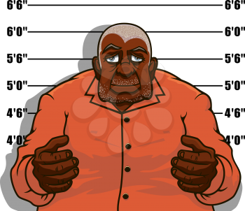 Arrested cartoon african american gangster man posing for police mugshot against height chart, for justice theme