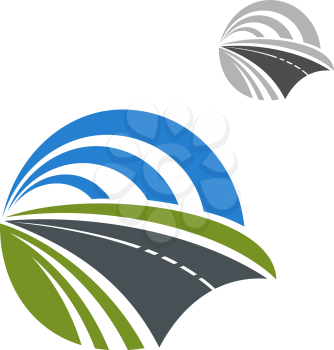 Speedy road icon with green roadsides disappearing to a vanishing point within a circle of blue sky, for travel or transportation themes design