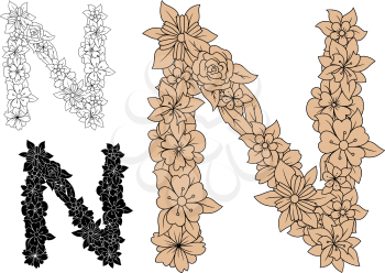 Floral letter N in uppercase font with brown vintage flowers and lush foliage with outline colorless and black variations