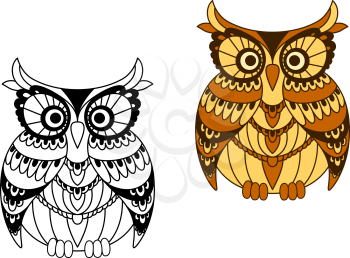 Cartoon brown and yellow owl bird with pattern of mottled feathers around eyes and wings, second variant with colorless outline variation