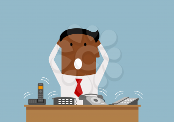 Cartoon overworked african american businessman has a lot of telephone calls, for stress on work or burnout syndrome design