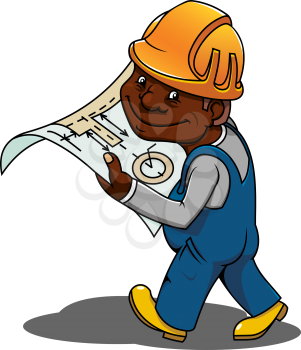 African american construction engineer or builder cartoon character in yellow hard hat and blue overalls holding blueprint of building project