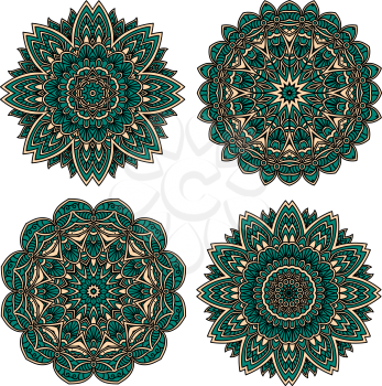 Intricate lace floral pattern with emerald pointed flower petals and leaves, adorned by geometric ornaments and flourishes