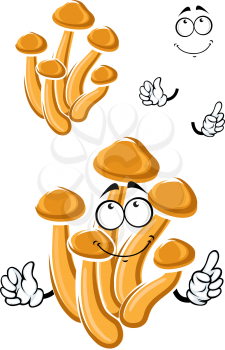 Brown yellow honey mushrooms cartoon character with curved stipes and pensive smile, for healthy food design