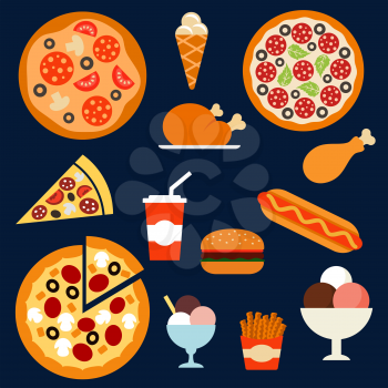 Flat fast food menu icons of pizza with different toppings, takeaway box of french fries, hamburger, hot dog, fried chicken, ice cream cone and sundae desserts, soda paper cap