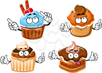 Cartoon delicious chocolate cake with ganache frosting, cupcake with mint cream, muffins with caramel and chocolate glaze. Dessert food menu design