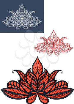 Red lace indian flower adorned by traditional paisley pattern with blue and black flourishes. For oriental interior or textile design