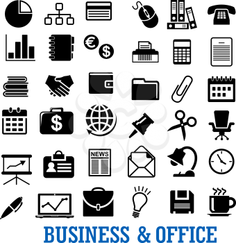 Business, finance and office flat icons with laptop, telephone, finance chart, idea, calendar, currency, handshake, briefcase, chair, documents, mail, wallet, globe and stationery 