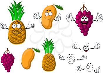 Bunch of purple grape, sweet orange mango and yellow pineapple fruits cartoon characters. Agriculture or healthy food concept design