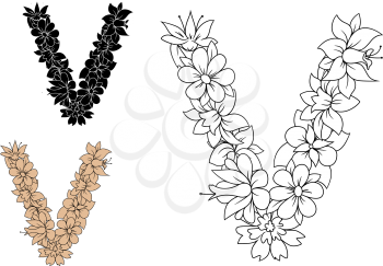 floral lowercase decorative letter V composed by  outline flowers in retro style. For alphabet or font design