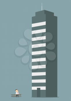 Cartoon businessman carrying a ladder to the tall building of business center. May be use in business concept such as long way to success, professional growth or career improvement 