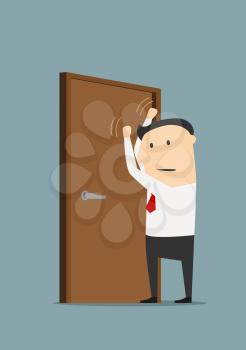 Angry cartoon businessman knocking on a closed door. Concept of opportunity and possibility design