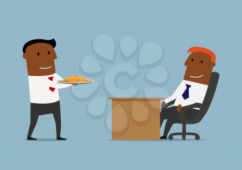 Smiling manager bringing golden coins on tray to his boss. Cartoon concept design