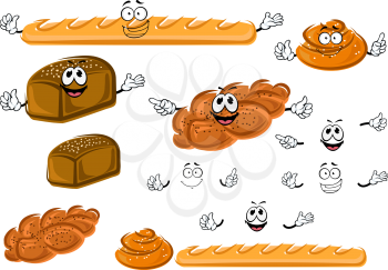 Cartoon fresh french baguette, rye bread loaf, sweet cinnamon roll and plaited bun with poppy seeds. Bakery shop emblem or healthy food design usage
