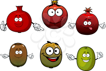 Healthful tropical cartoon green kiwi and ripe red pomegranate fruits characters. Isolated on white