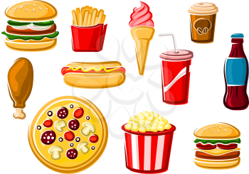 Fast food and beverage icons with french fries, italian pizza, hamburger, cheeseburger, ice cream, soda, chicken, hot dog, coffee cup and popcorn box. For takeaway delivery or cafe design usage, isola
