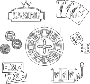 Casino sketched icons and symbols of roulette wheel, dice, playing cards, gambling chips, dollar bills, casino sign board with golden crown and slot machine with triple seven. Sketch style illustratio