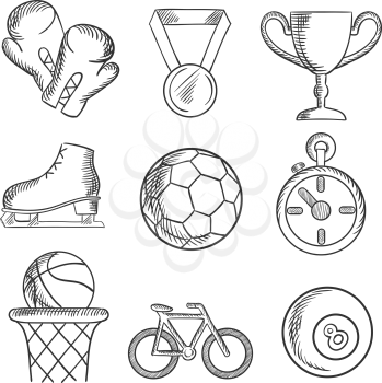 Sketched sport games icons with basketball, soccer , football, ice skating, boxing gloves, cycling and bowls with a winners medal, trophy and stopwatch. Sketch elements