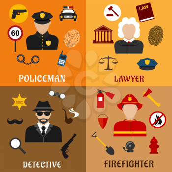 Firefighter, detective, policeman and lawyer profession flat icons with justice, security, fire protection, investigation and legislation symbols