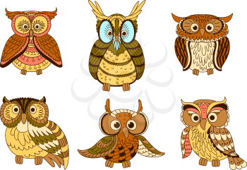 Cute cartoon owls, owlets and eagle owl birds with ornamental feathers, decorated by strips and spots in pastel colors. Halloween mascot, education emblem, childish book design