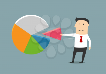 Market or profit share cartoon concept design. Smiling businessman taking away a part of pie chart