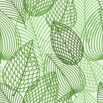 Seamless pattern of outline spring foliage with green leaves of birch. Interior wallpaper, background, accessories and fabric or textile design usage