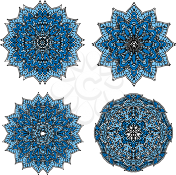 Blue and cyan circular patterns of star shaped flowers with dainty floral openwork ornament. Great for fabric, interior accessories or lace embellishment design 
