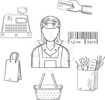 Seller profession with shopping icons including a bag, cash register, credit card,  payment, bar code and groceries around a female shop seller. Sketch style vector