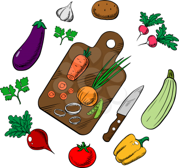 Cooking process of a vegetarian salad with knife, chopping board and tomato, carrot, green pea, onion, potato, bell pepper, garlic, radish, beet, eggplant, zucchini, parsley vegetables. Colorful sketc