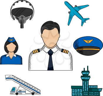 Pilot and aviation hand drawn colorful icons with captain in white uniform surrounded by stewardess, airplane, flight helmet, peaked cap, airport building and aircraft steps. Sketch vector