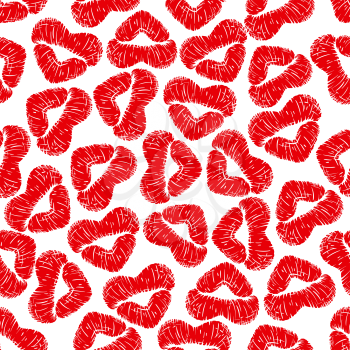 Red lips prints background with woman lipstick shaped as hearts. Seamless pattern for love or Valentine day concept themes design
