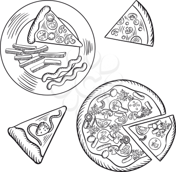 Slice of strawberry pie and fast food italian pizza, topped with salami, tomatoes, olives, mushrooms, mozzarella and parsley. Another slice served on plate with french fries and sauce. Sketch style
