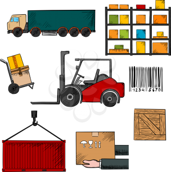 Delivery, shipping and freight infographic elements with truck, crate, barcode, container, shelving, loader and wooden box
