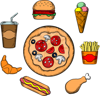 Fast food icons  with pepperoni pizza, burger, soda, french fries, ice cream cone, hot dog, croissant and chicken leg snacks