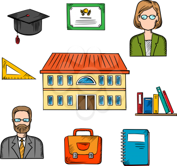 School education vector design with a school building surrounded by male and female teachers, books, briefcase, graduation hat, tablet, notebook and school building