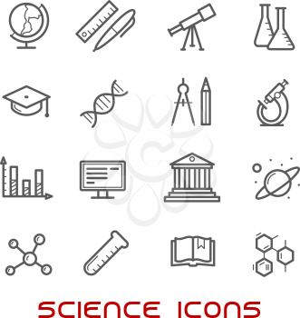 Science and education thin line icons with college and book, laboratory glasses and computer, microscope and globe, graduation cap and pencil, compasses and dna, atom and biohazard, electricity and ox