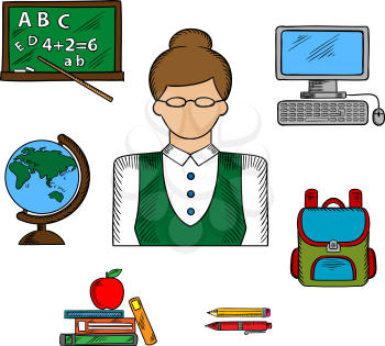 Teacher profession and education icons with woman in glasses surrounded by school supplies such as schoolbag, blackboard and desktop computer, globe and pen, pencil, books and apple