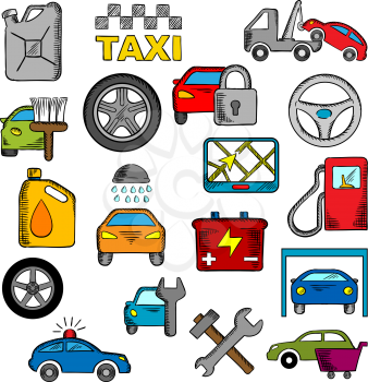 Car and repair service icons set with car sale symbol, towing, paint and washing, repair and tire service, taxi, fuel jerrycan and gas station, wheel and navigation, battery and  traffic police, secur
