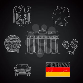 Germany national and travel chalk icons with map and flag, black eagle emblem and oak branches, wooden barrel of beer, car and Brandenburg gates on blackboard