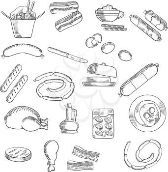 Food, fast food and meat icons with eggs and butter, bacon and sausages, chicken noodles and chicken, oil and salami