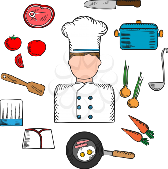 Chef profession with cook in uniform surrounded by fresh tomato, onion and carrot, pan with eggs and bacon with knife, saucepan with ladle and meat steak, chef hats and spatula