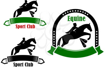 Retro sporting emblems of equestrian club design with elegant jockey and horse jumping a hurdle, framed by ribbon banners and stars