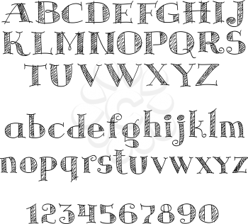 Alphabet letters font with decorative cross-hatched letters and numbers of serif font. Nice for education, typography and page decoration