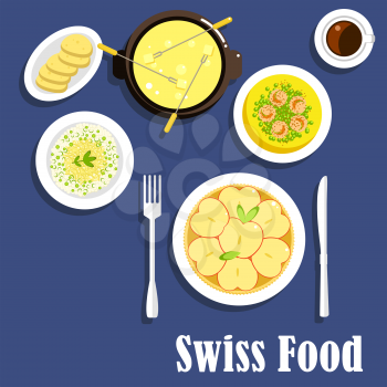Swiss national cuisine with apple tart, risotto with cheese, spicy shrimps served with green pea, full cheese fondue with long stemmed forks and cup of coffee. Flat menu design
