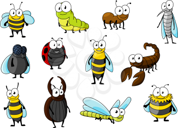 Cartoon smiling bee and brown ant, red spotted ladybug and fat fly, green yellow caterpillar and dragonfly, elegant mosquito and wasp, fluffy bumblebee, kind stag beetle, hornet and scorpion character