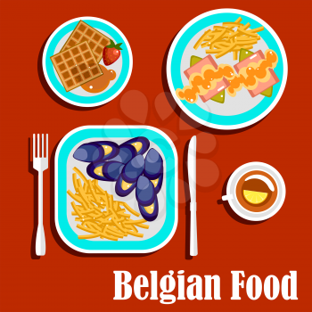 Delicious lunch of belgian cuisine with blue mussels, steamed with white wine, served with french fries, witloof with ham and apple sauce, waffles topped with fresh strawberry and honey, cup of black 