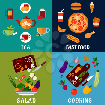 Healthy, fast food and drinks flat icons with salad, fresh vegetables, cups of tea with teapots, fast food menu with pizza, burger, hot dog, chicken leg, french fries, ice cream and soda  