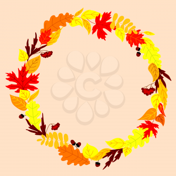 Colorful autumn falling leaves arranged in round shaped frame, decorated by acorns and bunches of viburnum