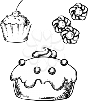 Sketch of sweet cake with glaze and cream decorations, cupcake with sprinkles and cherry on the top, sugar cookies with jam. For confectionery or pastry shop design 