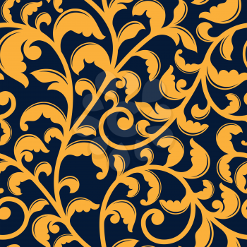 Yellow floral seamless pattern of curly branches with twisted tendrils on blue background, for luxury wallpaper or fabric design